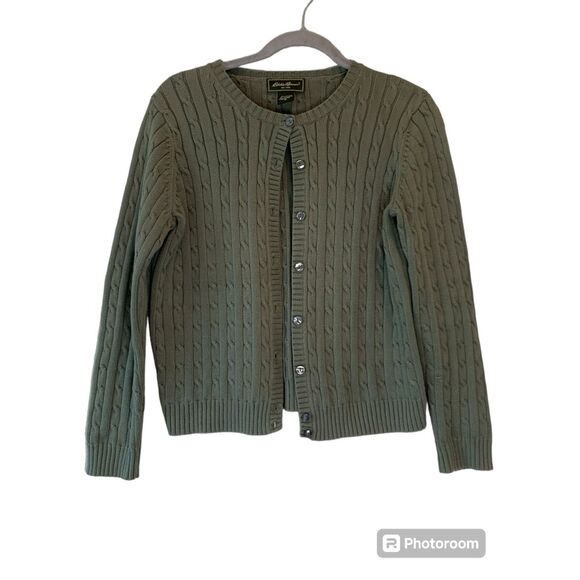 Eddie Bauer Green Cable Knit Cardigan Petite Medium - Picture 1 of 3